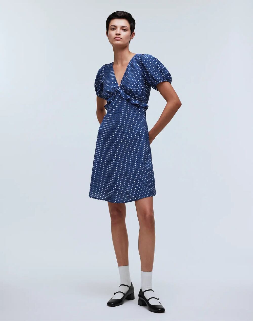 Madewell Mollie Navy Blue Polka Dots V-neck Puff Sleeve Ruffle Mini Dress Size 0